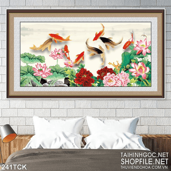 Tranh hoa sen, cá chép phong thủy