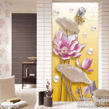 Tranh đàn cá chép bơi tung tăng trong hồ hoa sen hồng