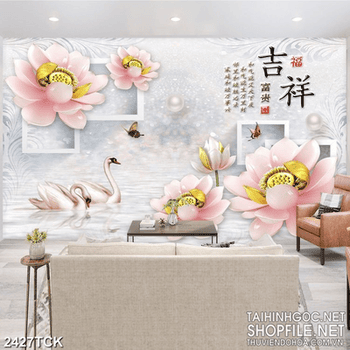 Tranh giả ngọc đầm hoa sen hồng và đàn cá chép in 3d
