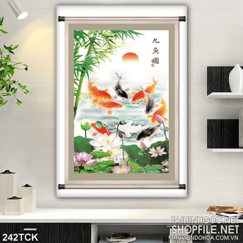 Tranh hoa sen, cá chép thư pháp