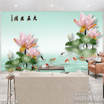 Tranh in tường đầm hoa sen giả ngọc và chú bướm nhỏ