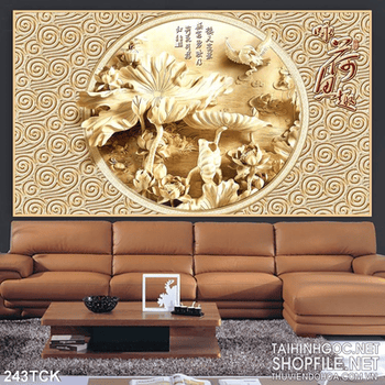 Tranh hoa sen, cá chép điêu khắc gỗ