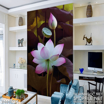 Tranh in uv bông hoa sen trắng nhiều cánh trong hồ