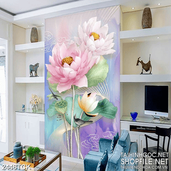 Tranh in tường những bông sen hồng bên chú chim non
