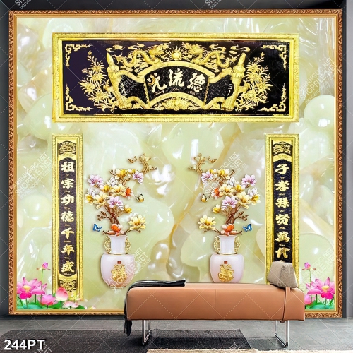 Tranh phòng thờ bình hoa giả ngọc bàn thờ tổ file gốc