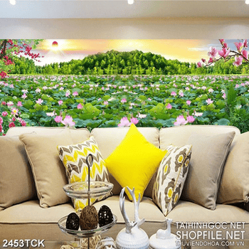 Tranh decor bạt ngàn hoa sen trong đầm dưới ánh mặt trời