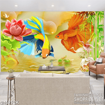 Tranh in canvas chú cá chép màu đỏ bên hoa sen giả ngọc