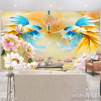 Tranh decor cá chép bơi tung tăng dưới ánh trăng tròn