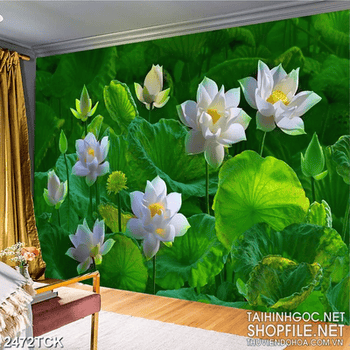 Tranh đầm hoa sen trắng chen chúc bạt ngàn lá xanh in 8d
