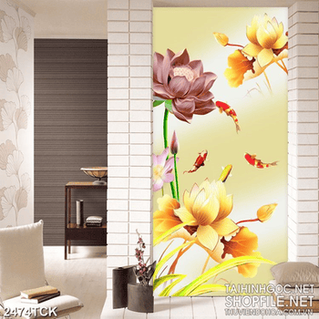 Tranh in canvas đàn cá chép bên bông hoa sen vàng
