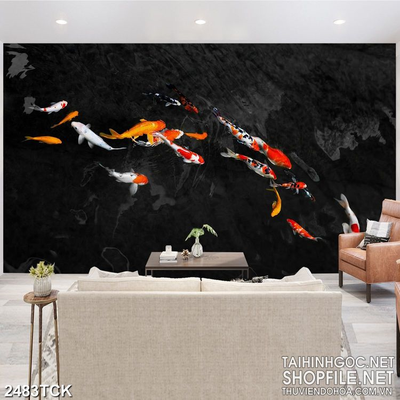 Tranh decor đàn cá chép tung tăng trong hồ nước về đêm