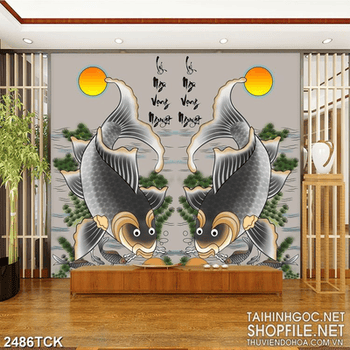 Tranh in uv chú cá chép vui đùa bên bóng ánh trăng vàng