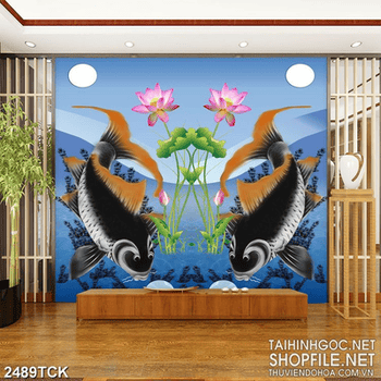 Tranh in canvas cá chép vui đùa bên bóng ánh trăng sáng