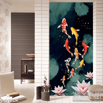 Tranh giả ngọc hồ hoa sen hồng và đàn cá chép bơi lội