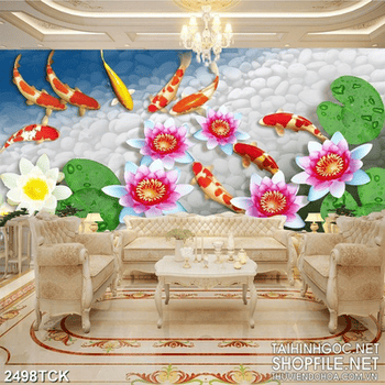 Tranh decor hoa sen và đàn cá chép trong hồ đá cuội