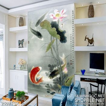 Tranh đàn cá chép vàng bên bông sen hồng khoe sắc in 3d