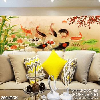 Tranh in canvas đàn cá chép trong hồ hoa sen hồng thắm