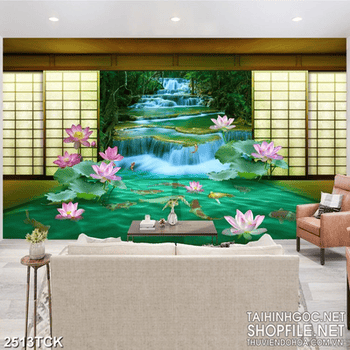 Tranh decor những bông hoa sen hồng bên con suối