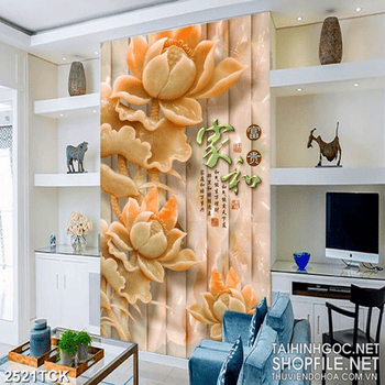 Tranh in tường đầm hoa sen hồng và chữ hán giả ngọc