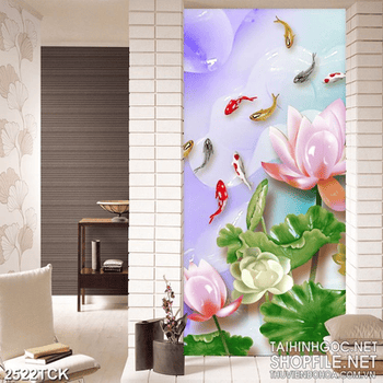 Tranh giả ngọc hoa sen hồng đàn cá chép bôi tung tăng