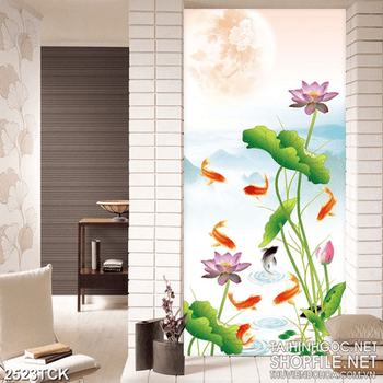 Tranh cá chép bên những bông hoa sen hồng in 5d