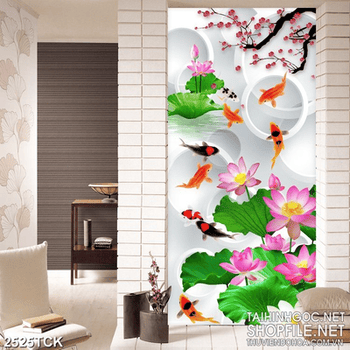 Tranh hồ hoa sen trắng bên dòng chữ hán trang trí tường