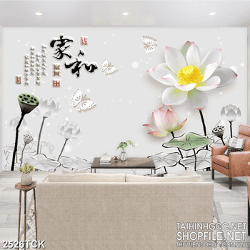 Tranh dán tường hồ cá chép vàng và những bông hoa sen