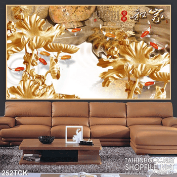 Tranh hoa sen, cá chép quần tụ điêu khắc