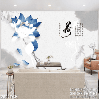 Tranh hoa sen cá chép bên chú chuồn chuồn đỏ in uv