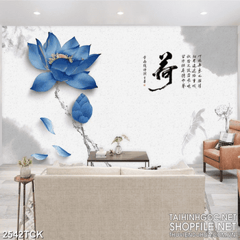 Tranh những cánh hoa sen màu xanh dương bay trong gió