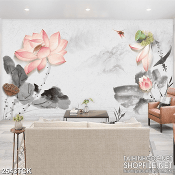 Tranh decor chú chuồn chuồn và hoa sen bên người lái đò