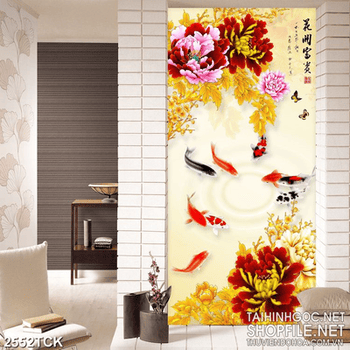 Tranh những bông hoa mẫu đơn và đàn cá chép tung tăng