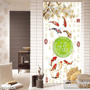 Tranh đàn cá chép giả ngọc bên chữ hán trang trí tường