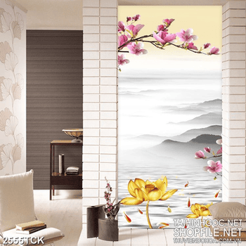 Tranh cành hoa mộc lan khoe sắc trên dòng sông cá chép
