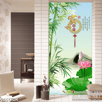 Tranh decor hoa sen hồng bên hàng tre xanh xinh đẹp