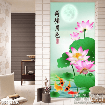 Tranh in canvas hoa sen hồng khoe sắc bên cá chép vàng