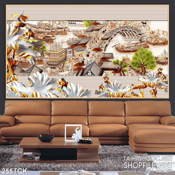 Tranh hoa sen, cá chép và phong cảnh