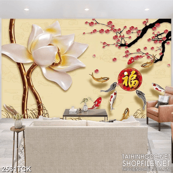 Tranh decor hồ hoa sen trắng và đàn cá chép vàng giả ngọc