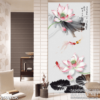 Tranh in tường đầm hoa sen hồng và cá chép xinh đẹp