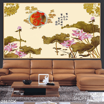 Tranh hoa sen, cá chép thư pháp