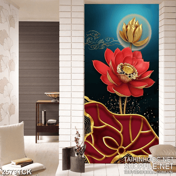 Tranh in uv thủy mạc đầm hoa sen và đàn cá chép vàng