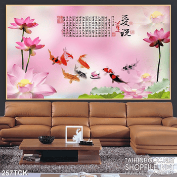Tranh hoa sen, cá chép thư pháp trang trí