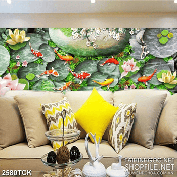 Tranh đầm hoa sen khoe sắc đỏ và đàn cá chép in 3d