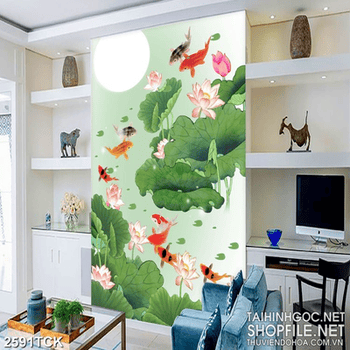 Tranh decor những trái bầu vàng trên hồ cá chép vàng