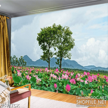 Tranh in canvas những bông sen hồng giữa bầu trời xanh