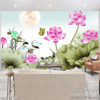 Tranh chú bướm xing đẹp trong hồ hoa sen trắng in 5d