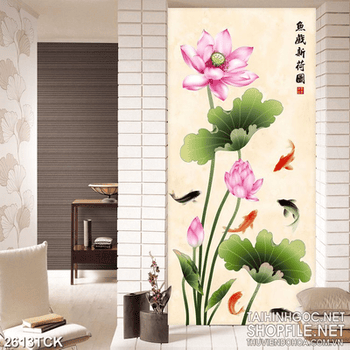 Tranh nghệ thuật hoa sen và đàn cá chép bơi tung tăng