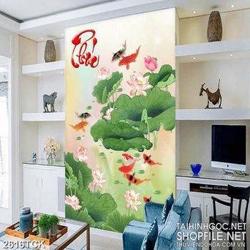 Tranh cá chép bên hồ hoa sen hồng và chữ phúc in 5d