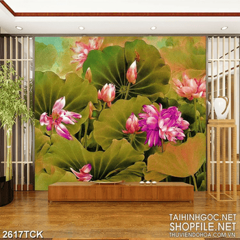 Tranh sơn dầu những bông hoa sen cánh hồng trí tường