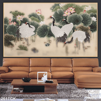 Tranh hoa sen, cá chép và chim hạc